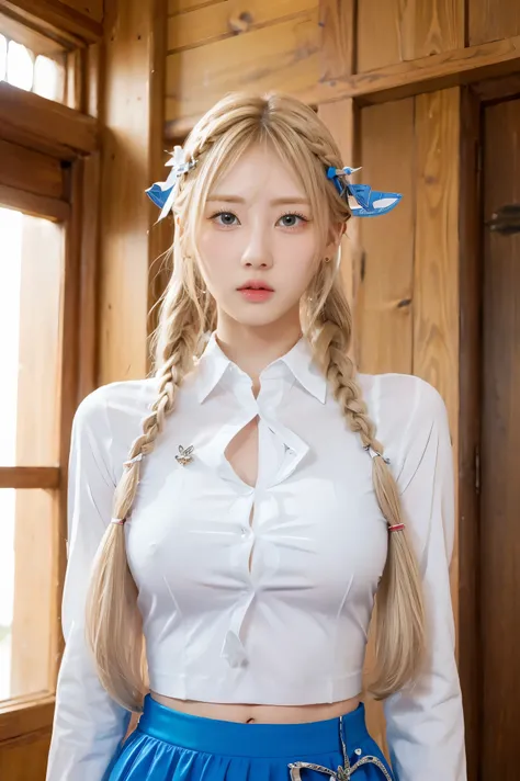 1girl, blonde hair, pointy ears, blue eyes, clothes lift, solo, hair ornament, hairclip, long hair, shirt lift, braid, looking at viewer, lips, lifted by self, horse, upper body, navel, day,white shirt,