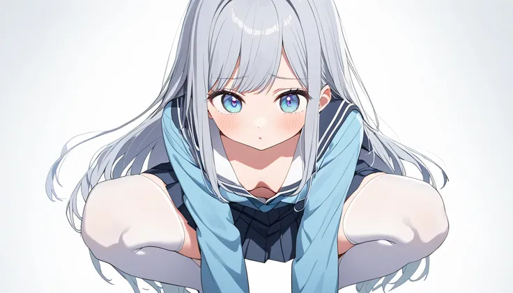  best image quality　simple white background　 cute女　　 straight long hair 　Kogozawa Silver Hair　Light blue eyes　 school uniform　 solo　 cute　 white stockings　 Squat Poses That Highlight Your Face and Chest　Open your legs wide　don't be shy