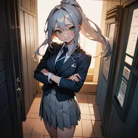 1girl, Solo, High Resolution, Looking at viewer, Anatomically Correct, Textured Skin, Cowboy Chot, Soft Lighting, Detailed Lighting, Detailed Pose, Cute Pose.

Long Straight Hair, Silver Hair, Ponytail, Green Eye, School Suit, White Blouse, Bluish Gray Ski...