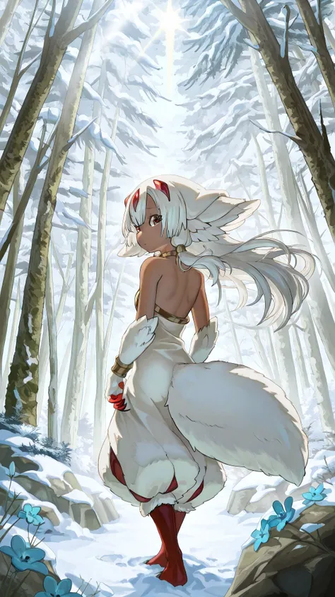 Faputa, the Princess of the Hollows, stands in a lush, ancient ruin deep within the Abyss. Her soft, snow-white fur and fluffy, flowing hair move gently in the breeze. Her large, crimson eyes gleam with wild curiosity and quiet wisdom, reflecting the golde...