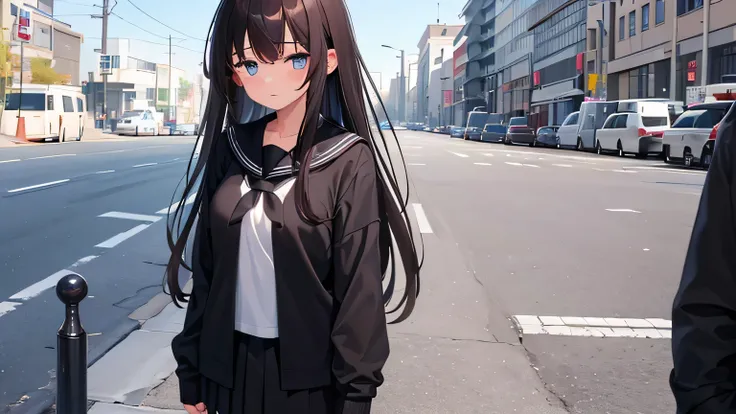 (((Top Quality))), (((Masterpiece))), (((Details))), One girl, cute, dark brown long hair, medium breasts, black long-sleeved sailor suit, black pleated skirt, black socks, shy face (0.5), standing in the street