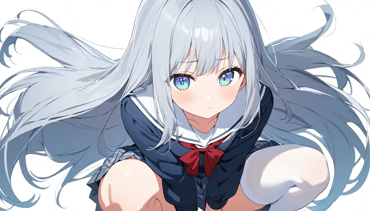  best image quality　simple white background　 cute女　　 straight long hair 　Kogozawa Silver Hair　Light blue eyes　 school uniform　 solo　 cute　 white stockings　 Squat Poses That Highlight Your Face and Chest　Open your legs wide　don't be shy