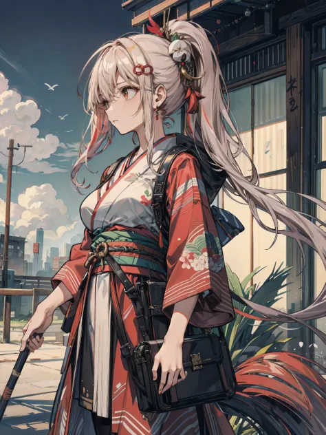 earring, half updo, hair ornament, cowboy shot, big breasts, strong female warrior, Beautiful red kimono, fox nine-tails,