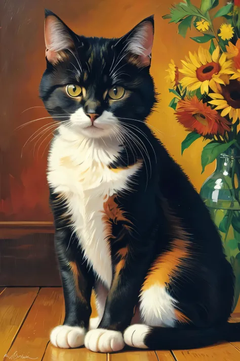 A vibrant oil painting of a cat in the style of Vincent van Gogh. Thick impasto textures, expressive swirling brushstrokes, rich and bold colors like deep blues, warm yellows, and fiery oranges. The fur appears dynamic with strong, energetic strokes, givin...