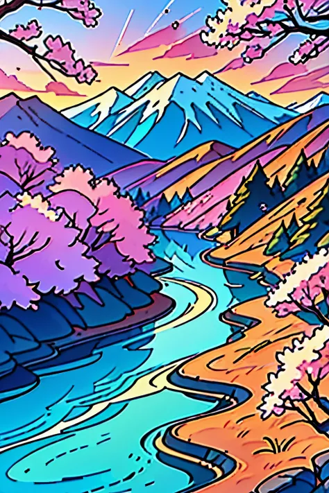 Deep forest, distant mountains, flying birds. Two-dimensional style, bright and vibrant, cherry blossoms cover the mountainside, the sunrise can be seen in the distance, a stream meanders, there are a few daffodils on the bank, the sunrise
