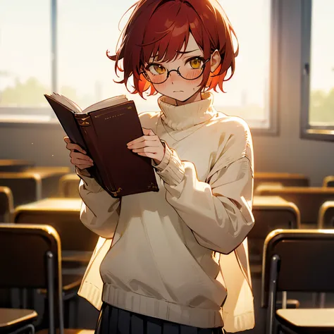 1girl, Solo, Short Hair, Red Hair, Yellow Eyes, White Glasses, Hearing Aid, Sad, Embarrassed Blush, White Sweater, Pleated Skirt, Standing  Pose, Book Holding Pose, Classroom Background, Soft Lighting, Gentle Breeze, Close-up Potrait Shot.