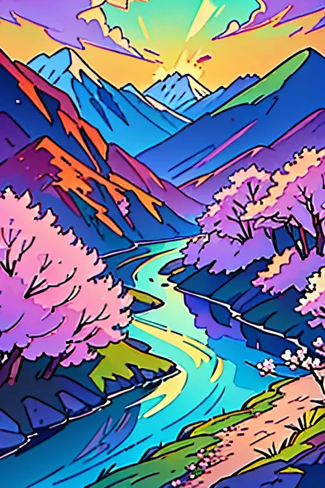 Deep forest, distant mountains, flying birds. Two-dimensional style, bright and vibrant, cherry blossoms cover the mountainside, the sunrise can be seen in the distance, a stream meanders, there are a few daffodils on the bank, the sunrise
