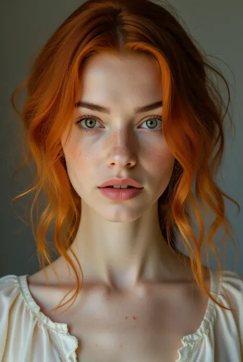  thin, white, redhead, red hair, red hair with curls, wavy hair, curly hair, length Average, stuck hair, thin legs, beautiful face perfect with freckles, cardoon lips, beautiful realistic eyes, green eyes, pale skin, detailed skin texture, flat breasts, ve...