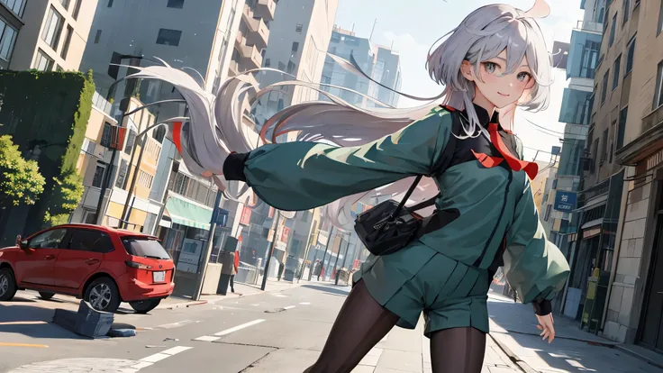  Masterpiece,  top quality,  high resolution, Myorine 1,  1 girl,  Miolie Nellén Blanc , ASTICASIA SCHOOL UNIFORM ,Alone, long hair, Low View ,  low angle、 GREY EYES ,  Grey Hair , stupid hair,  SEAMLESS LEGWEAR,  green shorts ,  tie, bangs,   hair between...