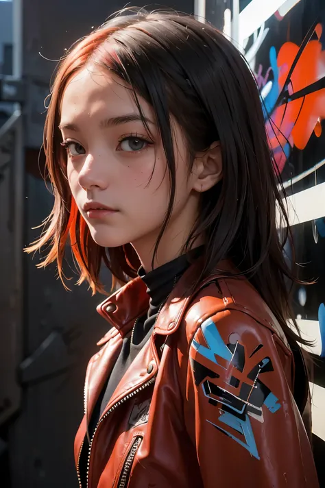 1 girl, alone, Age 25, PERFECT FACE IN DETAILS, Close view ,(adult), sexy, sort Red Hair, stares at viewers, leather jacket, black crop top,  cyberpunk, portrait photo, beautiful eyes, cowboy shot,  cyberpunk art, portrait,( background is an abstract graff...