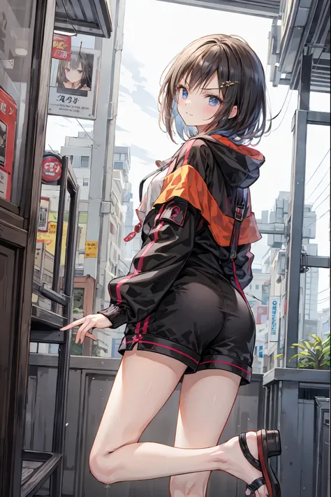 1 person,  medium range shot, THE MOST DETAILED GIRL ,  look back,  perfect body through Ngs, woman, 20 years old,  tousled hair,  smirking , V-shaped eyebrows,m,  medium chest , Light Skin,  oversized clothes,  hoodie,  short shorts , Sandals,  Black clot...