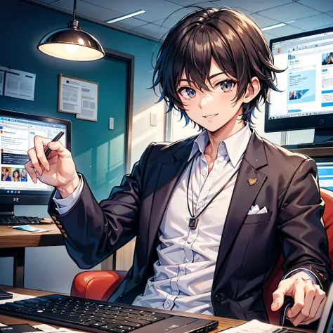  Anime Moe Art Style, top quality, high resolution, anatomically correct,Mid twenties, Super Detail,One adult man ,A rich expression, relaxed smiles, handsome, dark hair,Spiky hair, long coat,Office,Work on a computer, with a white pocket square , focus on...