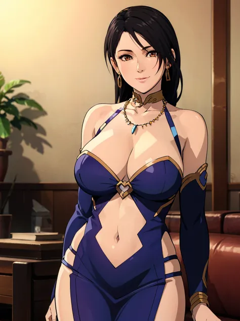 Sexy pose, bodycon, blue microdress, necklace, earring, navel, livingroom background, momiji, anime cels style, best quality, high resolution, 1girl, (large breasts:1.2), beautiful face, black hair, long hair, brown eyes, cowboy shot, light smile