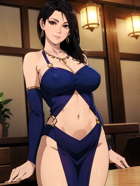 Sexy pose, bodycon, blue microdress, necklace, earring, navel, livingroom background, momiji, anime cels style, best quality, high resolution, 1girl, (large breasts:1.2), beautiful face, black hair, long hair, brown eyes, cowboy shot, light smile