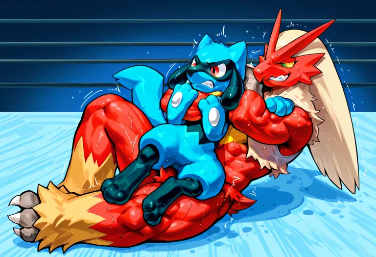 4k ultra quality, 4k full body view,masterpiece quality, giant blaziken dominates small riolu, wrestling, submission hold, [riolu:close eyes, very small build, young, lying on side], [blaziken:giant bulky fat, massive strong large body, thick arms, tighten...
