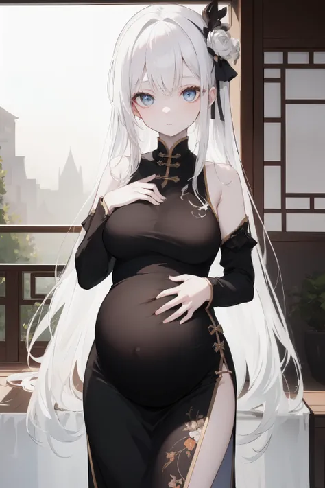 (8K,RAW photos,highest quality, masterpiece,HDR,bloom:1.2),1girl,19 years old,looking at viewer,white hair,expressive eyes,shiny eyes,pale skin, black Chinese dress,donghua,long sleeve,bare shoulders, (Pregnant:1.0)