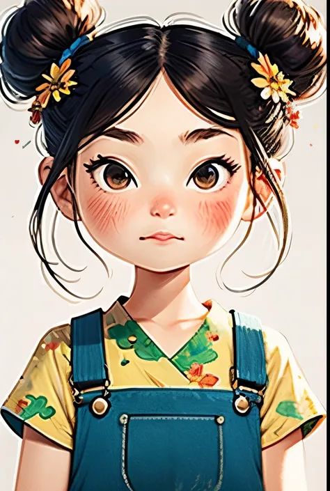 (masterpiece, best quality:1.2), cartoonish character design。1 girl, alone，big eyes，Cute expression，Two hair buns，Floral shirt，Overalls，hand，avatar，portrait，interesting，interesting，clean lines，Human anatomy is correct
