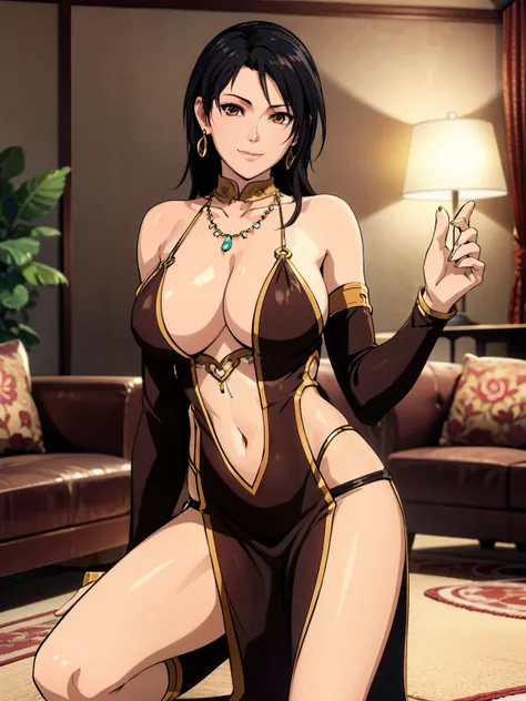 Squatting on floor, bodycon, cyan leather microdress, necklace, earring, navel, livingroom background, momiji, anime cels style, best quality, high resolution, 1girl, (large breasts:1.2), beautiful face, black hair, long hair, brown eyes, cowboy shot, ligh...