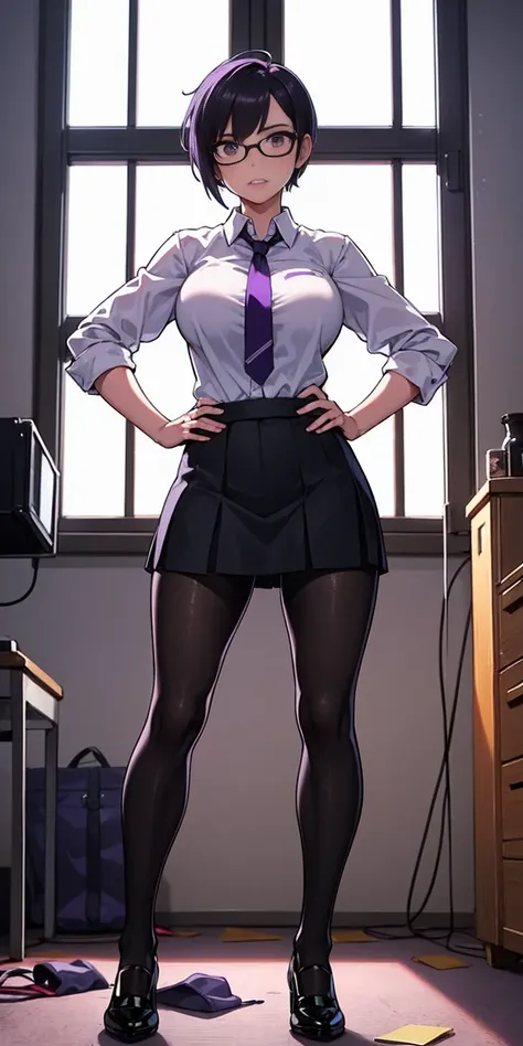 (high quality:1.1), cinema lighting, extremely detailed,
Calhoun, standing, hands on hips,
determined, clenched teeth,
purple hair, black hair, short hair, lips, purple eyes, glasses,
uniform, necktie, white shirt, skirt, pantyhose, shoes, 
large breasts, ...