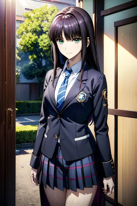 Smiling Face, blazer uniform,赤 purple hair, green eyes , eyes like jewels, super high resolution, ((( green eyes))),赤 purple hair, beautifulアニメ高校の女の子,(Masterpiece:1.2, 最  high quality ), ( is present, photo is present:1.4),  beautifulイラスト, (  natural light...