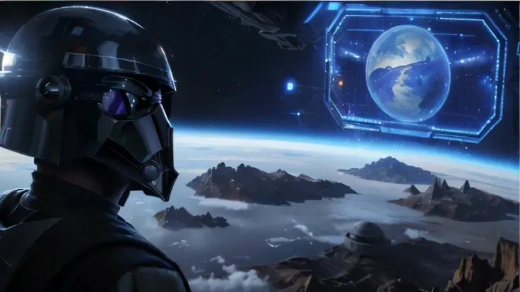 a close up of a person in a helmet looking at a screen, spaceships flying in background, depicted as a scifi scene, movie screenshot from star wars, stardestroyer in the background, tie fighters patrolling, the fall of the galactic empire, jedi fallen orde...