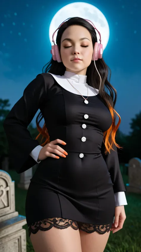 Nezuko Kamado /  KIMETSU NO YAIBA, Bicolor fur,   a woman  ,  long hair,   eyes closed,  very serious look,  listening to music with headphones in her ears, she opted for a mini nun dress, lace,    medium breasts ,   not fit for work ,   fat ass,   thick t...