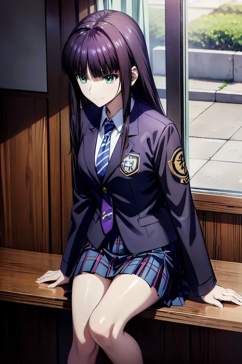 Smiling Face, blazer uniform,赤 purple hair, green eyes , eyes like jewels, super high resolution, ((( green eyes))),赤 purple hair, beautifulアニメ高校の女の子,(Masterpiece:1.2, 最  high quality ), ( is present, photo is present:1.4),  beautifulイラスト, (  natural light...