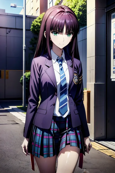 Smiling Face, blazer uniform,赤 purple hair, green eyes , eyes like jewels, super high resolution, ((( green eyes))),赤 purple hair, beautifulアニメ高校の女の子,(Masterpiece:1.2, 最 high quality ), ( is present, photo is present:1.4), beautifulイラスト, ( natural light...