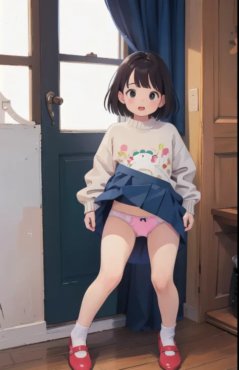 ( 1 girl, Alone), (( top quality,  Masterpiece)), (Thin type),   sweater dress, ,  full body, The shoes of,(The skirt is bulging up:1.2)、( panties:1.3)。(Realistic panties:1.3)、（ Detailed Panties）、（Focus on panties:1.2）