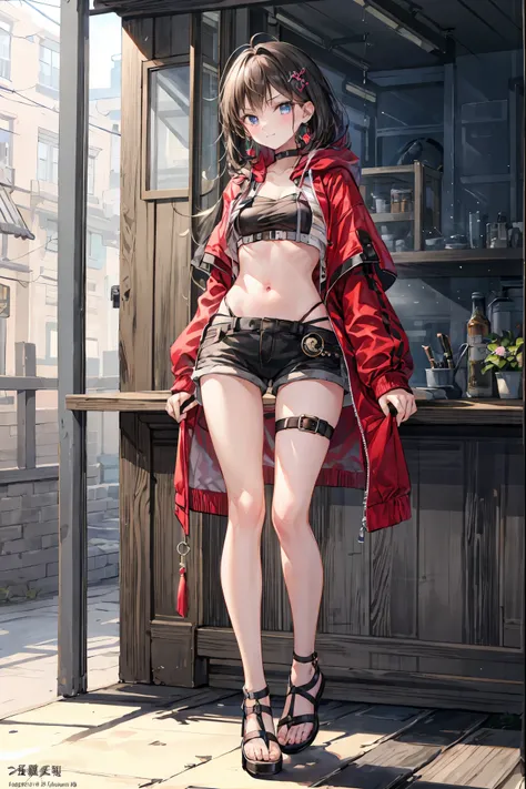 1 person,  medium range shot, THE MOST DETAILED GIRL ,  look back,  perfect body through Ngs, woman, 20 years old,  tousled hair,  smirking , V-shaped eyebrows,m,  medium chest , Light Skin,  oversized clothes,  red hoodie,  short shorts , Sandals,  Master...