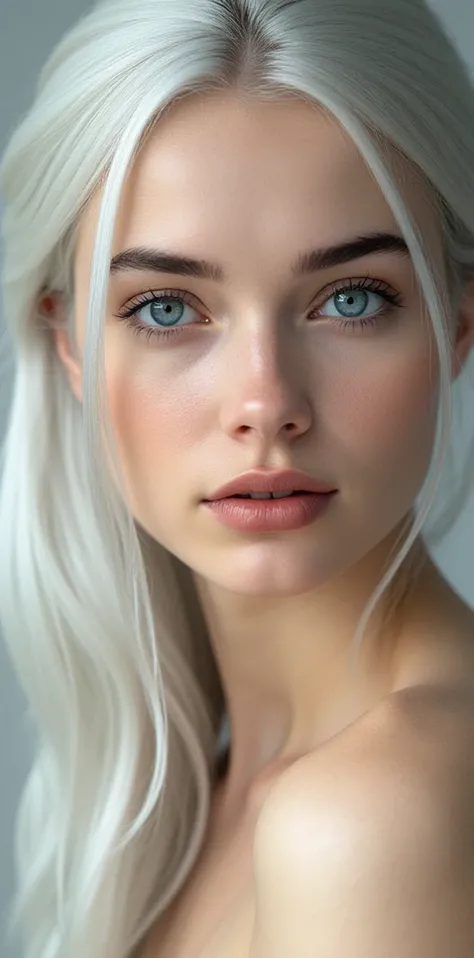 The woman has a perfectly proportioned face, with an oval shape that tapers towards the chin. Her hair is a waterfall of white silk with silver and lead highlights. Her eyebrows are arched and defined, and her blue eyes shine brightly.
Her nose is straigh...