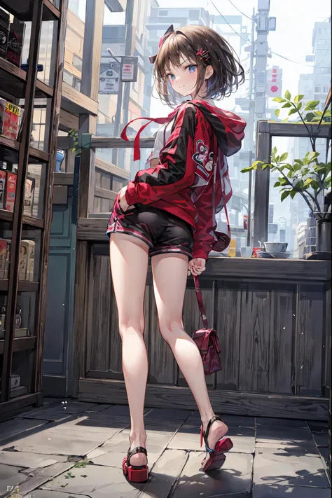 1 person,  medium range shot, THE MOST DETAILED GIRL ,  look back,  perfect body through Ngs, woman, 20 years old,  tousled hair,  smirking , V-shaped eyebrows,m,  medium chest , Light Skin,  oversized clothes,  red hoodie,  short shorts , Sandals,  Master...