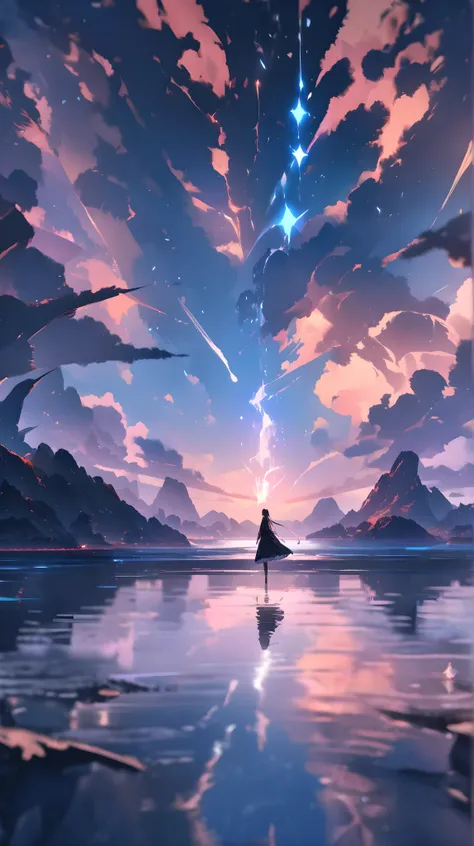 ((high quality)), ((masterpiece)), ((highly detailed)), A lake that perfectly reflects the sky, but with a hidden secret—within the reflection lies a parallel world, where magic flows freely. A character stands at the water’s edge, reaching out to touch th...