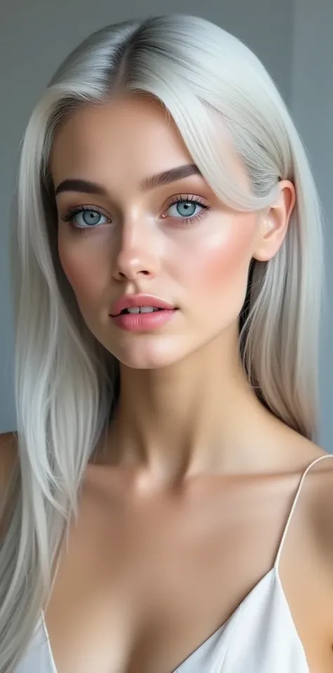 The woman has a perfectly proportioned face, with an oval shape that tapers towards the chin. Her hair is a waterfall of white silk with silver and lead highlights. Her eyebrows are arched and defined, and her blue eyes shine brightly.
Her nose is straigh...