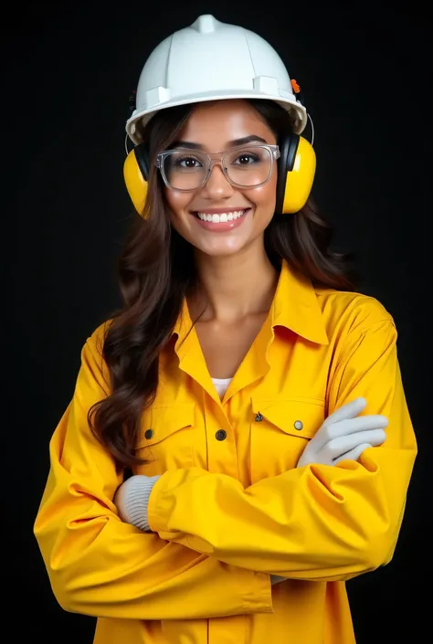 realistic image in 4k quality, of a beautiful sexy Latin girl , WEARING YELLOW INDUSTRIAL PERSONAL PROTECTIVE CLOTHING, WHITE PERSONAL PROTECTION HELMET, PERSONAL PROTECTION LENSES,  ear protectors , INDUSTRIAL GLOVES, happy, ISOLATED ON A SOLID BLACK BACK...