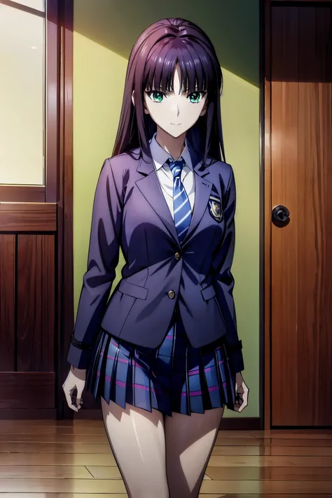 Smiling Face, blazer uniform,赤 purple hair, green eyes , eyes like jewels, super high resolution, ((( green eyes))),赤 purple hair, beautifulアニメ高校の女の子,(Masterpiece:1.2, 最  high quality ), ( is present, photo is present:1.4),  beautifulイラスト, (  natural light...