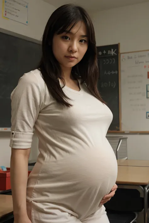 An extremely pregnant asian teacher, solo