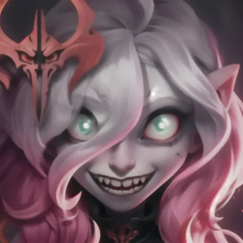 a close up of a cartoon character with pink hair and a demon face, demon girl, gapmoe yandere grimdark, painted in the style arcane, holy cyborg necromancer girl, with red glowing eyes, portrait of demon girl, demonic! compedium!, loish |, mara demon, [[[[...