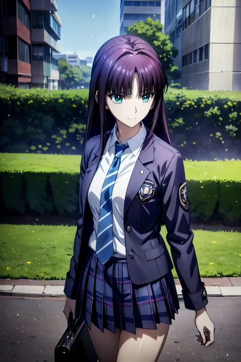 Smiling Face, blazer uniform,赤 purple hair, green eyes , eyes like jewels, super high resolution, ((( green eyes))),赤 purple hair, beautifulアニメ高校の女の子,(Masterpiece:1.2, 最 high quality ), ( is present, photo is present:1.4), beautifulイラスト, ( natural light...