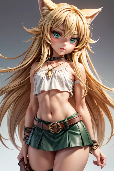 3D digital art, Intricate Detail, masterpiece, higher quality, whole body, (whole hair:1.5), a single anime age hunter girl, pretty face, centralized, (1.53 meters tall), (big head:1.7), standing, highly detailed long hair, blonde hair, long hair down to t...