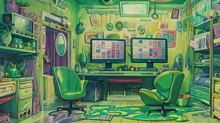 slime gaming room, no person, prespective, pc, best quality, teenager room, messy room, big pc screen, all detail, realistic, predominant colors green,purple