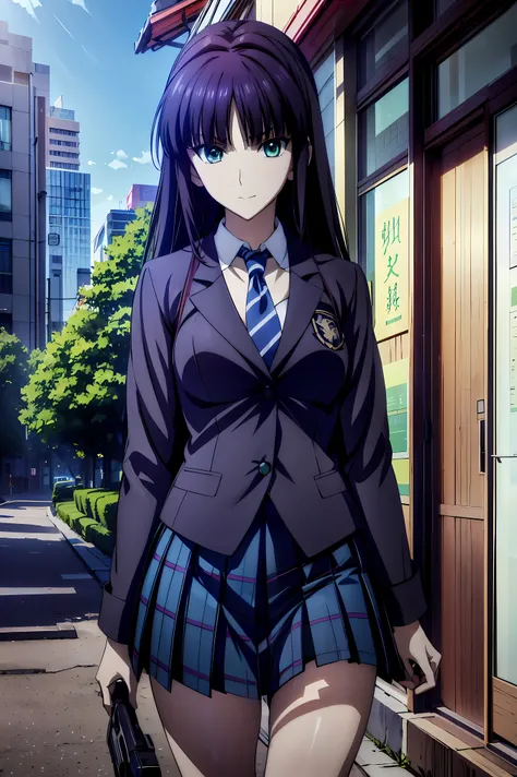 Smiling Face, blazer uniform,赤 purple hair, green eyes , eyes like jewels, super high resolution, ((( green eyes))),赤 purple hair, beautiful anime high school girl,(Masterpiece:1.2, 最  high quality ), (  is present , photo  is present :1.4),  beautiful ill...