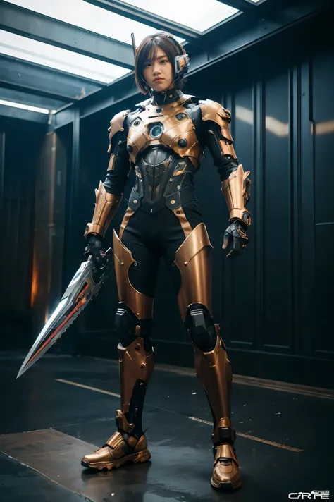 1girl, solo, wearing a mechanical suit, Mechanical wonder, Cyberpunk, Cybernetic Guardian, futuristic armor, full body, front pose, symmetry, intricate (steel metal [rust]), joints, warframe style, cyborg, male body and armor, Chainsaw Man 