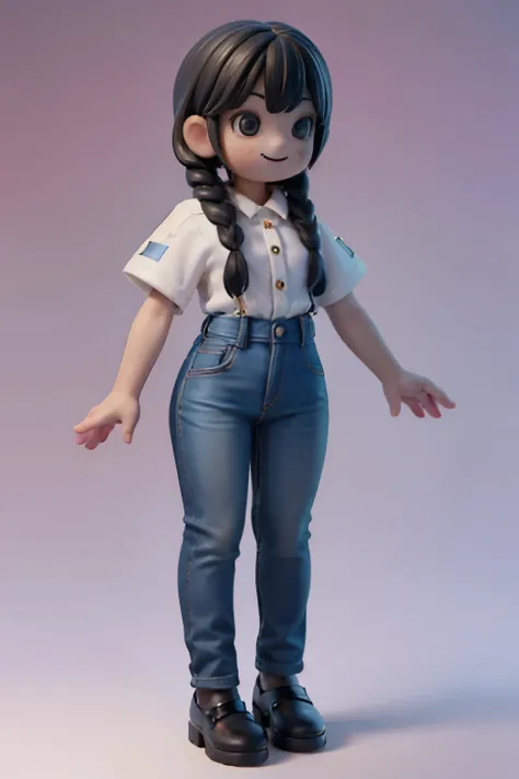 1girl (smiling), ((black)) hair, braids, white short sleeves button shirt, large pants, stand up, front view, full body, no background