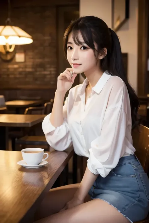 A beautiful Asian girl is posing for coffee and is looking out of the mirror of the coffee shop. It is raining outside, the atmosphere in the cafe is warm, the furniture is wooden. 