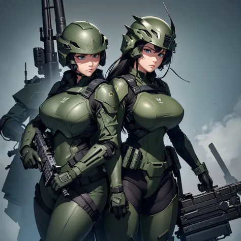  Two female soldiers stand guard with guns，Wear a heavily armed dark green armored power suit， heavy armored steam tactical equipment ， Perfectly beautiful, delicate and sexy face ,  perfect, beautiful, and exquisite eyes with a full body of individual wea...