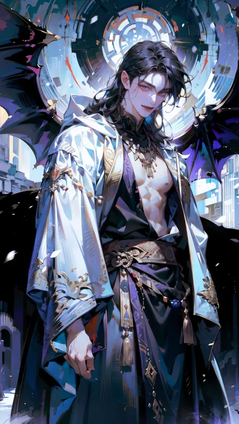 Illustration,  top quality,   pixiv illustration  , VERY DETAILED,  animation, ((( alone)) (male),  full body, 1인 male,  black hair,  long hair, light lilac eyes, dramatic lighting, LON CONTRAST , wear a Greek tunic costume like a white gown,  The collar i...