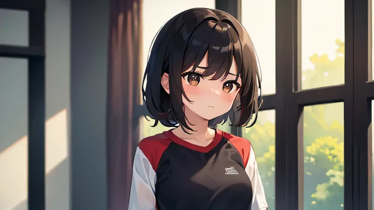 (((Top Quality))), (((Masterpiece))), (((Details))), One girl, cute, black medium hair, wearing volleyball uniform, standing in gym, dark brown eyes, shy face (0.5),.