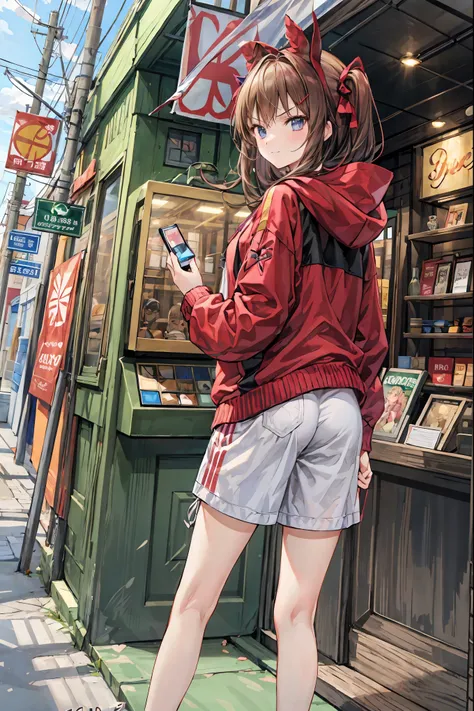 1 person,  medium range shot, THE MOST DETAILED GIRL ,  look back,  perfect body through Ngs, woman, 20 years old,  tousled hair,  smirking , V-shaped eyebrows,m,  medium chest , Light Skin,  oversized clothes,  red hoodie,  short shorts , Sandals,  Master...