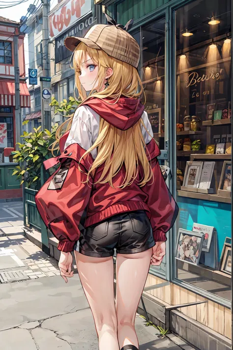 1 person,  medium range shot, THE MOST DETAILED GIRL ,  look back,  perfect body through Ngs, woman, 20 years old,  tousled hair,  smirking , V-shaped eyebrows,m,  medium chest , Light Skin,  oversized clothes,  red hoodie,  short shorts , Sandals,  Master...